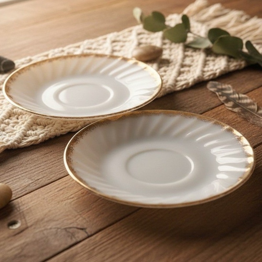 Anchor Hocking Golden Shell Saucers, Set of 2, Vintage Swirl Lustre Dinnerware